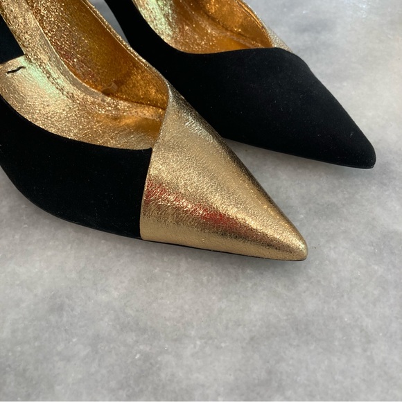ZARA Black Suede Gold Metallic Foil Heels - Picture 3 of 11